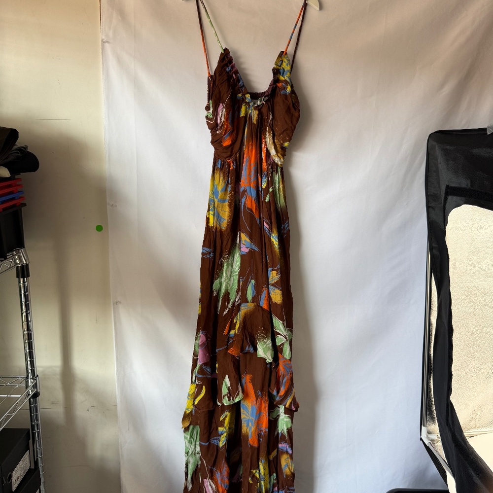 Tanya Taylor Brown Floral Maxi Dress with Multicolor Print